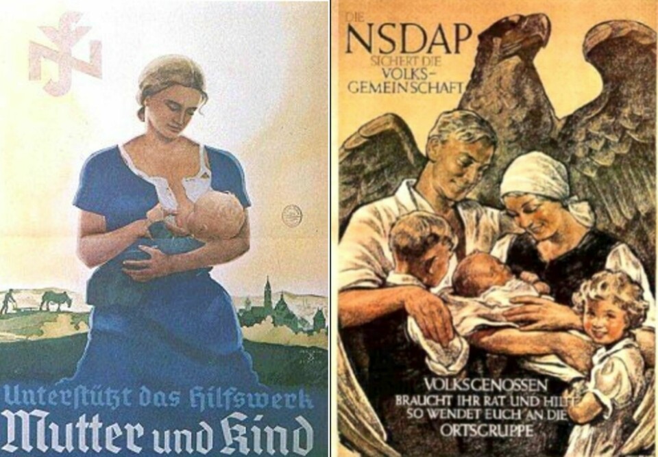 Propagandaplakater som viser hvordan kvinners rolle gjennomgående ble presentert i Tyskland fra 30- og 40-tallet. Kilde: Wikimedia Commons. Begge bildene er innenfor public domain. Propagandaplakater som viser hvordan kvinners rolle ble presentert i Tyskland fra 30- og 40-tallet. Kilde: Wikimedia Commons. Begge bildene er innenfor public domain.