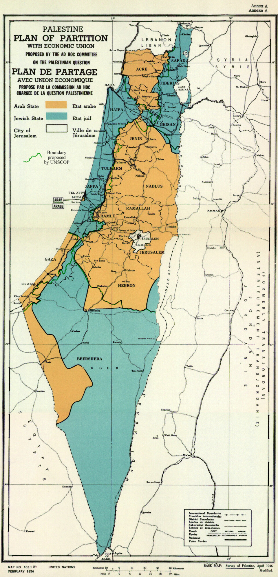 Slik skal en iraelsk-palistinsk sameksistens se ut – på kartet. Det var slik Palestina ble vedtatt delt av FN i 1947. Kartet slik det ser ut etter Seksdagerskrigen er ikke internasjonalt anerkjent.