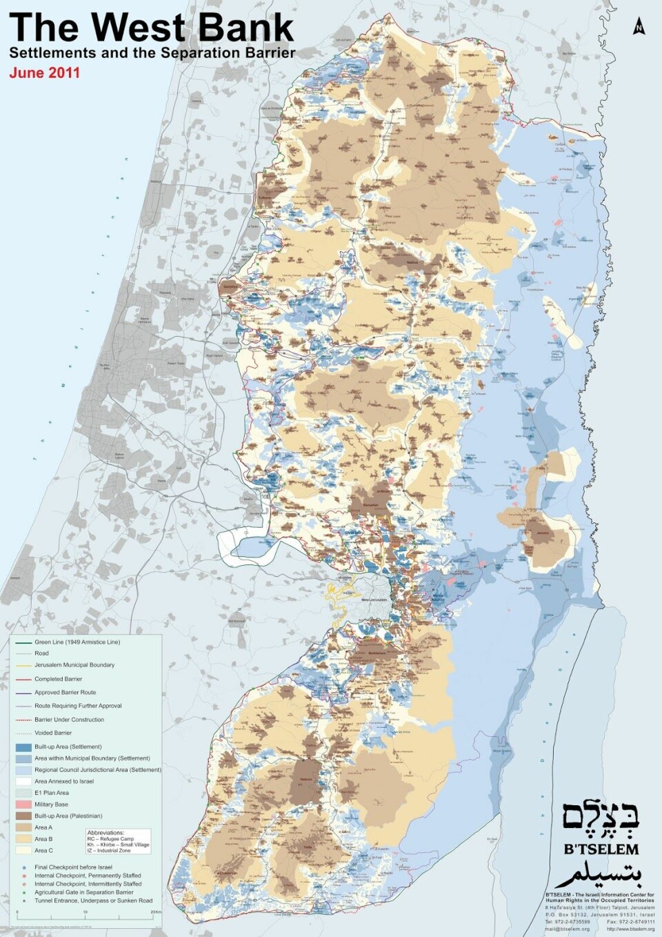 Slik var fordelingen av land mellom Israel og Palestina i 2011. Blått er palestinsk/arabisk. Gult og brunt israelsk/jødisk.