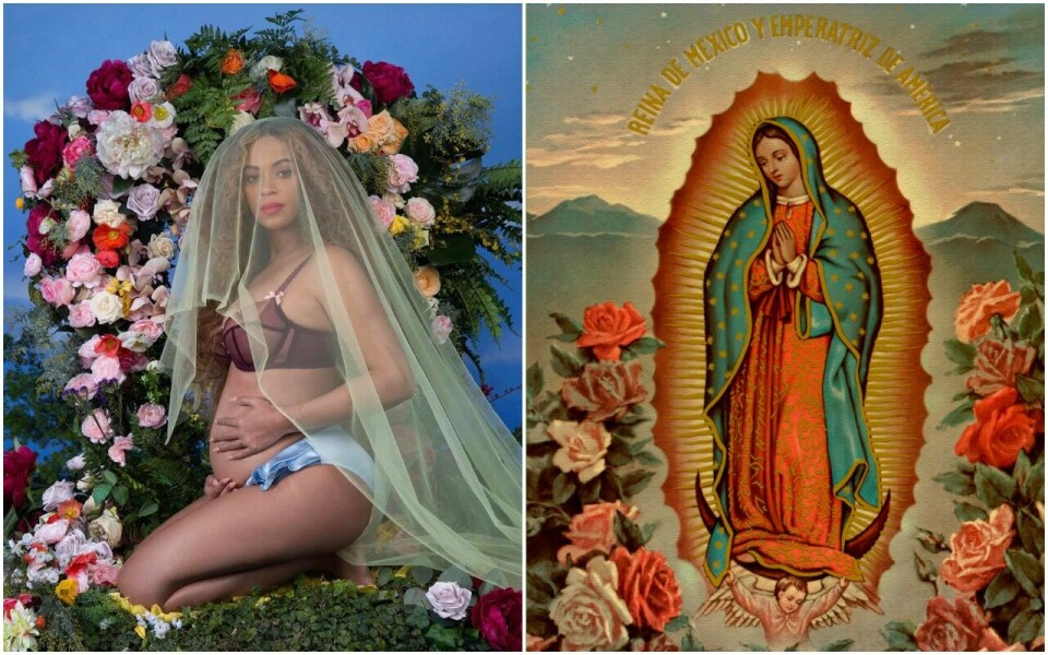 Den amerikanske superstjerna Beyoncé lånte både sløret, blomstene og blåfargen fra den mexicanske Madonna Vår frue fra Guadalupe da hun annonserte graviditeten sin på Instagram.
