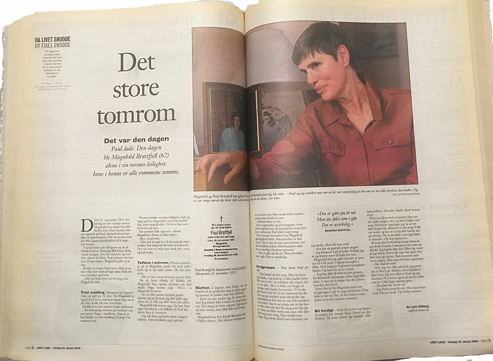 Sist Vårt Land intervjuet Magnhild Brattfjell hadde hun mistet mannen sin åtte år tidligere, etter 29 års ekteskap. Nå har hun levd alene i 25 år etter det. Faksimile fra Vårt Land 18.01.2000