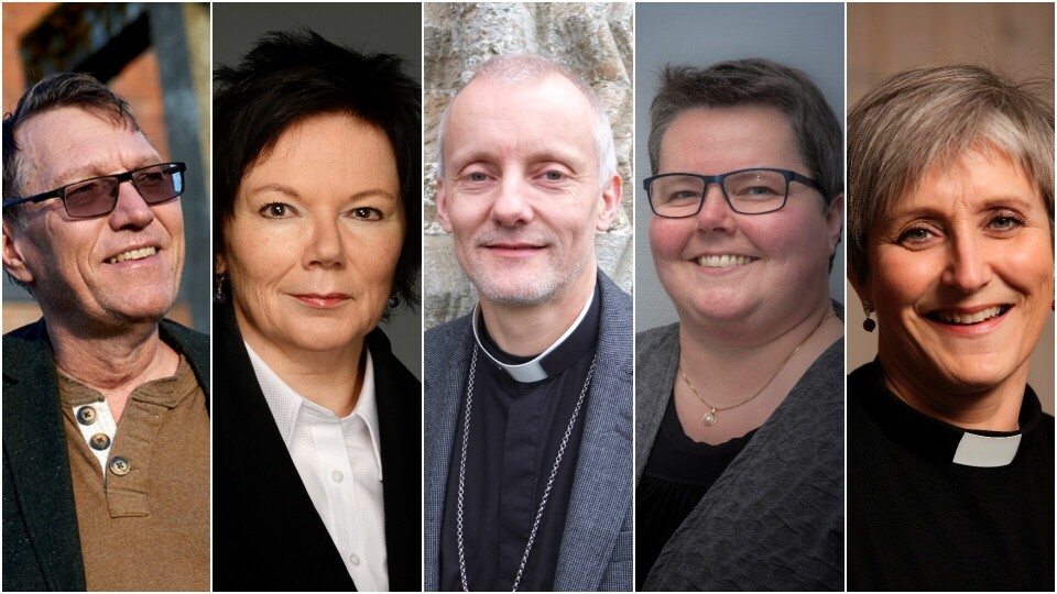 En av disse blir snart utnevnt til ny biskop i Nidaros. Alle har studert på samme fakultet, mener det samme om likekjønnet vigsel og er opptatt av folkekirken. Fra venstre: Nils Åge Aune, Ragnhild Jebsen, Dagfinn Thomassen, Kristine Sandmæl og Herborg Oline Finnset