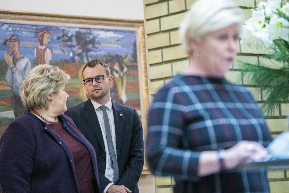 PRESENTASJON: Statsminister Erna Solberg kalte forhandlingene «tøffe» - men Frp-leder Siv Jensen, KrF-leder Kjell Ingolf Ropstad og Venstres leder Guri Melby landet enighet etter en uke med forhandlinger toppene imellom.