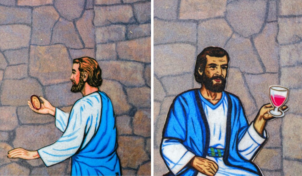 Når Jesus deler ut vinen beskriver han den som «den nye pakt i mitt blod». Ifølge kristendommen innebar dette en ny pakt – altså en ny avtale – mellom mennesker og Gud. Nattverd, flanellograf (riktig senter)