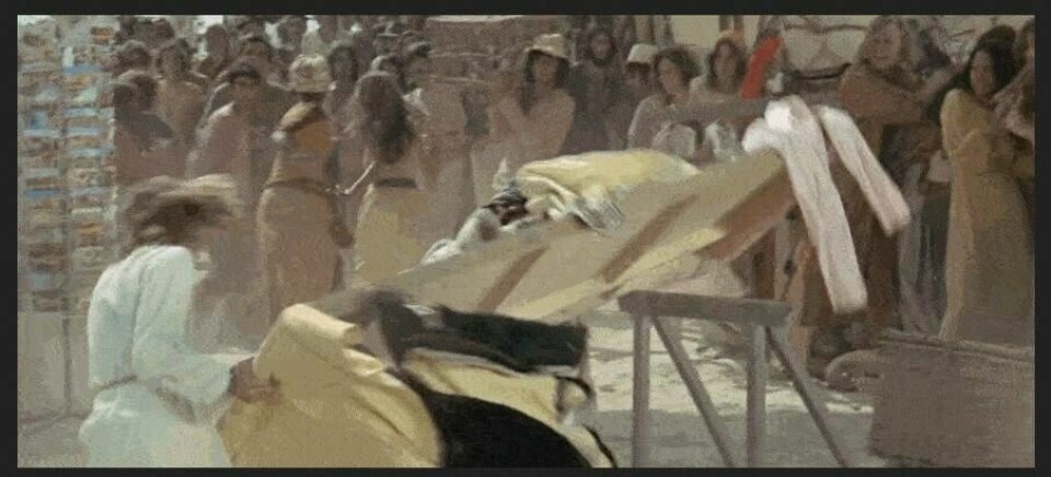 Palmesøndag markerer vi, men ikke Jesu rydding av tempelplassen, skriver Åste Dokka. Bildet er fra filmen Jesus Christ Superstar.