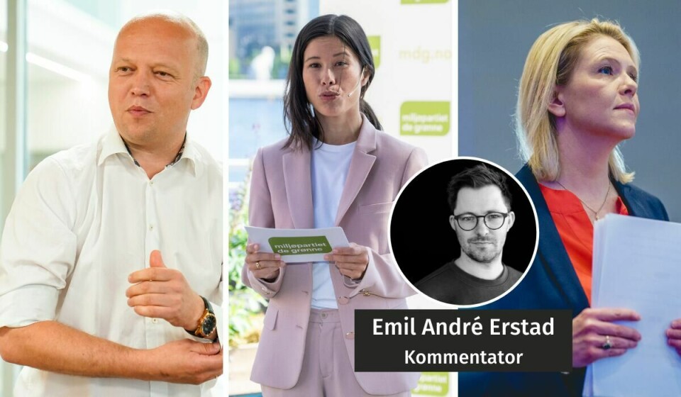LIKE: Sjølv om ingen av dei nok vil innrømme det, fins det overraskande mange likskapar mellom Frp-leiar Sylvi Listhaug, Senterparti-leiar Trygve Slagsvold Vedum og MDG-profil Lan Marie Berg. Nolo