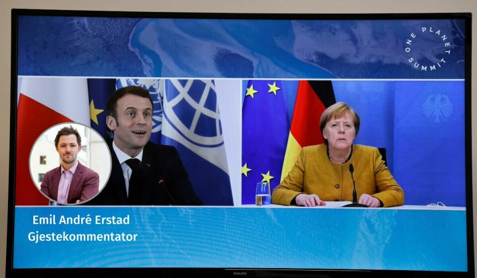 Angela Merkel styrer i realiteten Europa i tospann med ein annan mann på Politico si liste, franskmannen og presidenten Emmanuel Macron, skriver Emil André Erstad Foto: Ludovic Marin/Ap/NTB og Erlend Berge