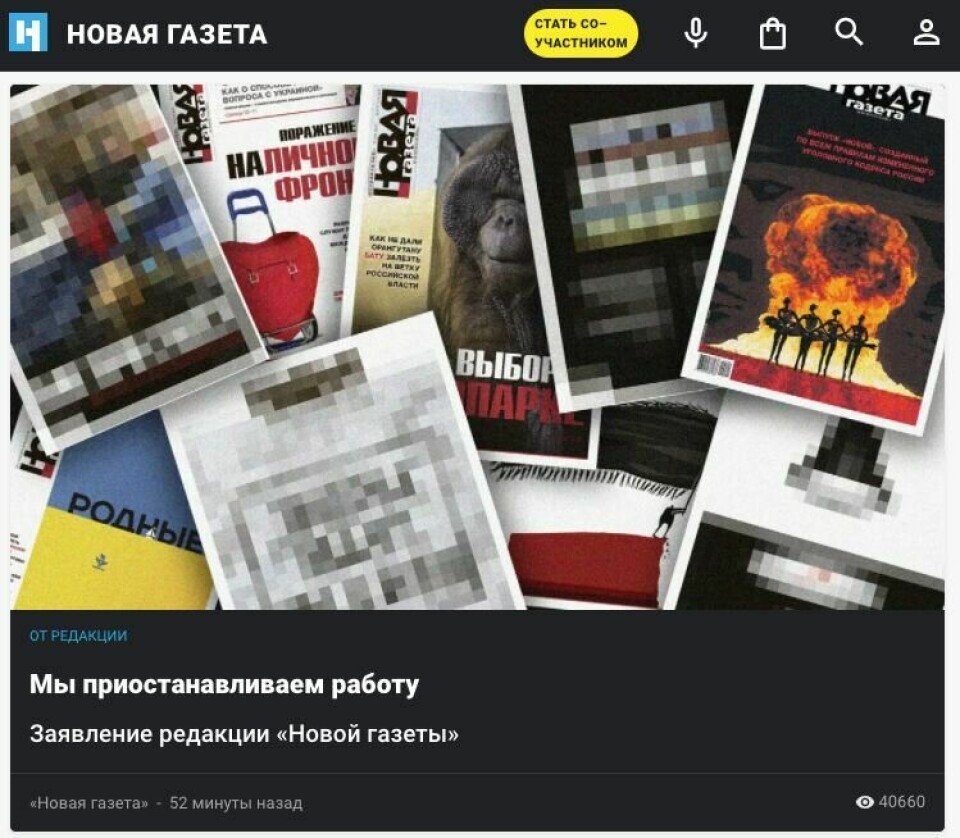 STANS: Novaja Gazeta suspenderte mandag 28. mars all sin redaksjonelle virksomhet. Novaja Gazeta suspenderte mandag 28. mars all sin redaksjonelle virksomhet.