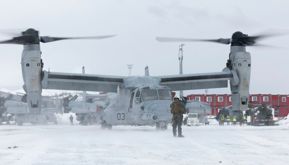 Et bilde frigjort av Forsvaret viser det amerikanske luftfartøyet Osprey, tatt i Norge 19. februar i år. Foto: Tiril Haslestad / Forsvaret / NTB Et bilde frigjort av Forsvaret viser det amerikanske luftfartøyet V-22 Osprey i Harstad i slutten av februar. Foto: Tiril Haslestad / Forsvaret / NTB
