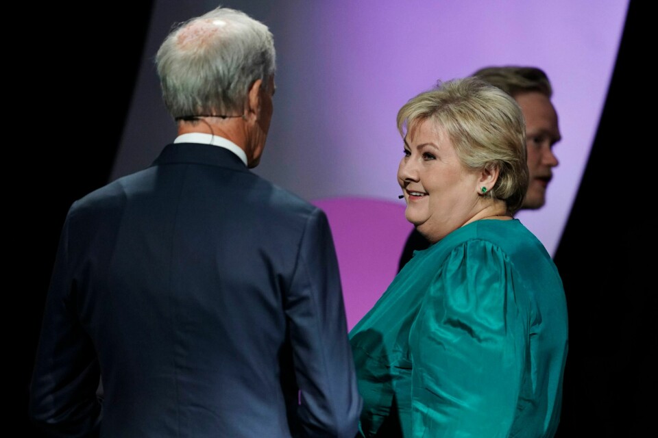Høyres partileder Erna Solberg fikk første spørsmål i partilederdebatten på NRK. Foto: Heiko Junge / NTB Høyres partileder Erna Solberg fikk første spørsmål i partilederdebatten på NRK. Foto: Heiko Junge / NTB