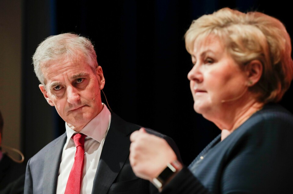Statsminister Erna Solberg og Ap-leder Jonas Gahr Støre var mer enige enn uenige i samtalen om internasjonalt samarbeid. Foto: Vidar Ruud / NTB scanpix