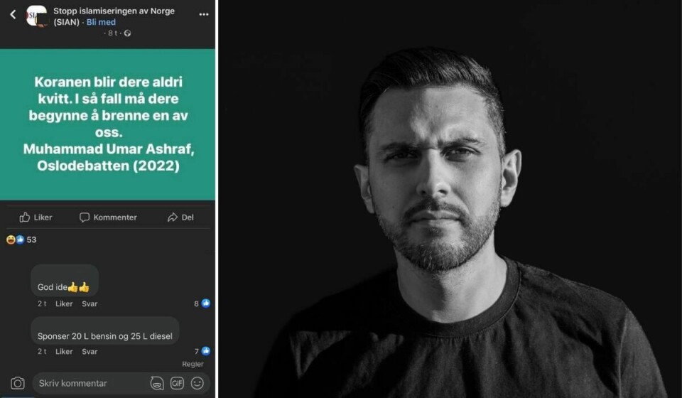 BENSIN: Umar Ashraf opplevde flere kommentarer som hatkriminalitet. Spesielt reagerte han på en som tilbød å sponse bensin for å brenne muslimer. Politiet henla saken. BENSIN: Umar Ashraf opplevde flere kommentarer som hatkriminalitet. Spesielt reagerte han på en som sponsa bensin for å brenne muslimer. Politiet henla saken.
