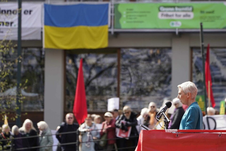 FRIHETSKAMP: LO-leder Peggy Hessen Følsvik rettet oppmerksomheten mot Ukraina i sin 1. mai-tale. LO-leder Peggy Hessen Følsvik rettet oppmerksomheten mot Ukraina i sin 1. mai-tale. Foto: Håkon Mosvold Larsen / NTB
