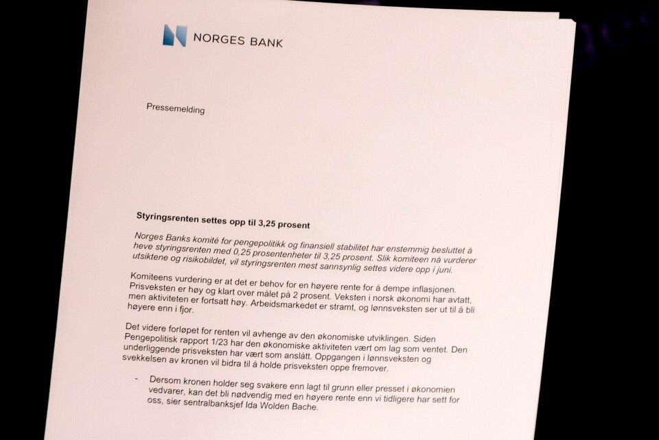 Styringsrenta settes opp til 3,25 prosent, meldte Norges Bank torsdag.Foto: Frederik Ringnes / NTB Styringsrenta settes opp til 3,25 prosent, meldte Norges Bank torsdag.Foto: Frederik Ringnes / NTB