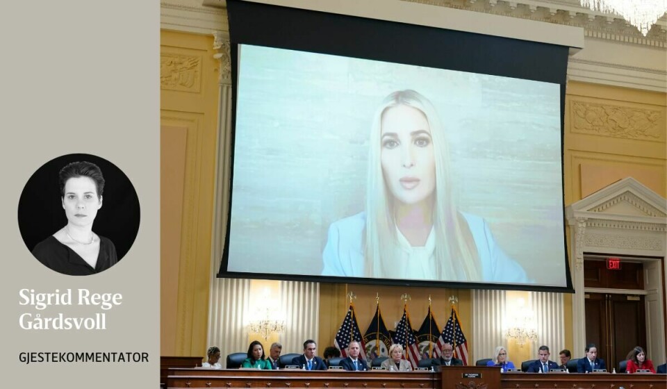 INNRØMMER: Ivanka innrømmer til 6. januar-komiteen at ho aksepterte at valresultatet i 2020 var legitimt. Det er ei implisitt markering av avstand til faren, men det kan også vere eit ledd i den same nitidige omdømebygginga ho har drive med lenge, skriv Sigrid Rege Gårdsvoll. l