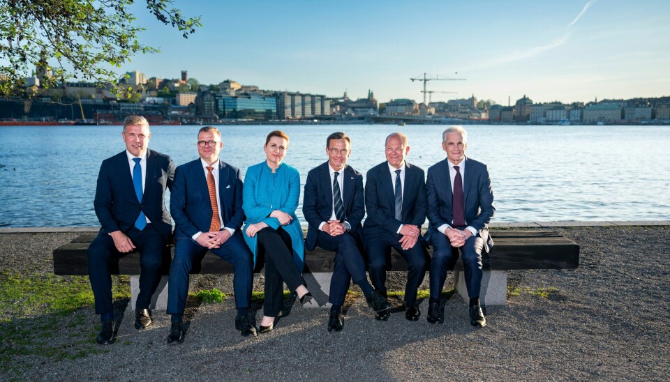 Islands statsminister Bjarni Benediktsson, Finlands statsminister Petteri Orpo, Danmarks statsminister Mette Frederiksen, Sveriges statsminister Ulf Kristersson, Tysklands statsminister Olaf Scholz og Norges statsminister Jonas Gahr Støre møttes mandag i Stockholm. Islands statsminister Bjarni Benediktsson, Finlands statsminister Petteri Orpo, Danmarks statsminister Mette Frederiksen, Sveriges statsminister Ulf Kristersson, Tysklands statsminister Olaf Scholz og Norges statsminister Jonas Gahr Støre møttes mandag i Stockholm. Foto: Pontus Lundahl / TT / NTB