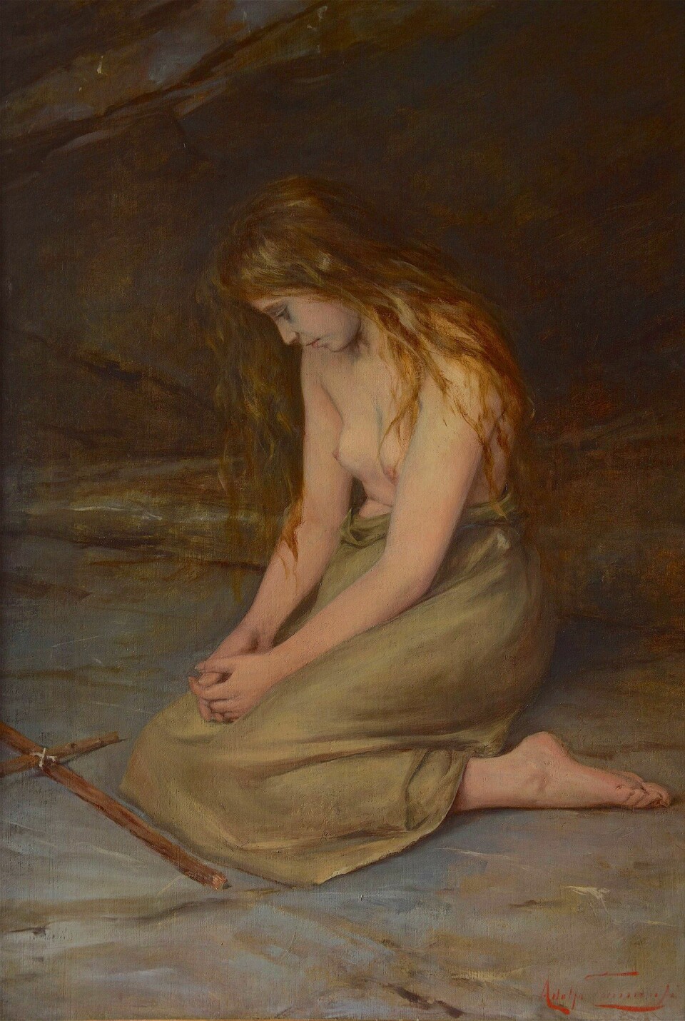 ANGRANDE SYNDAR: Bibelen omtalar Maria Magdalena som ei kvinne med ei syndefull fortid. Ho var den prostituerte som fekk alle syndene sine tilgitt av Jesus.I kunsthistoria blir Maria ofte framstilt som den vakre, angrande syndaren. Som «Angrende Magdalena» (1893) av Adolfo Tommasi. Penitent Magdalene (1893) by Adolfo Tommasi (Angrende Magdalena)