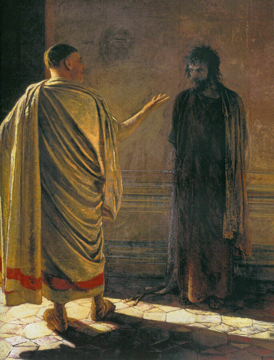 QUID EST VERITAS: Kva er sanning? kontrar Pontus Pilatus, når Jesus fortel han: «Til dette er eg fødd, og til dette er eg komen til verda, at eg skal vitna om sanninga».Den russiske kunstnaren Nikolai Ge skildrar scena i maleriet «Hva er sannhet?» (seint 1800-tal). «Hva er sannhet?» av Nikolai Ge (1831-1894)