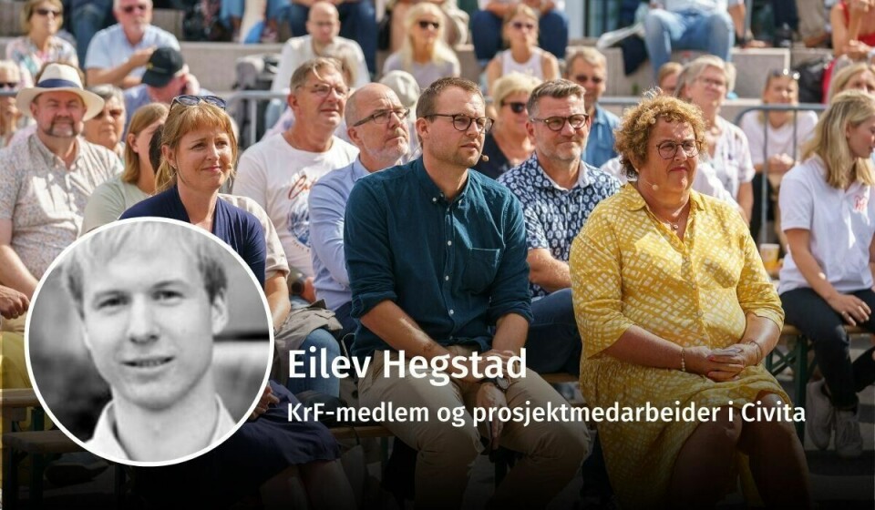 NY STRATEGI: – KrFs grunnfjell blir mindre og det bør bekymre partiet, mener Eilev Hegstad. Her er KrFs ledertrio under Arendalsuka. (F.v: Ingelin Noresjø, Kjell Ingolf Ropstad og Olaug Bollestad.) Eilev Hegstad, KrF, debatt