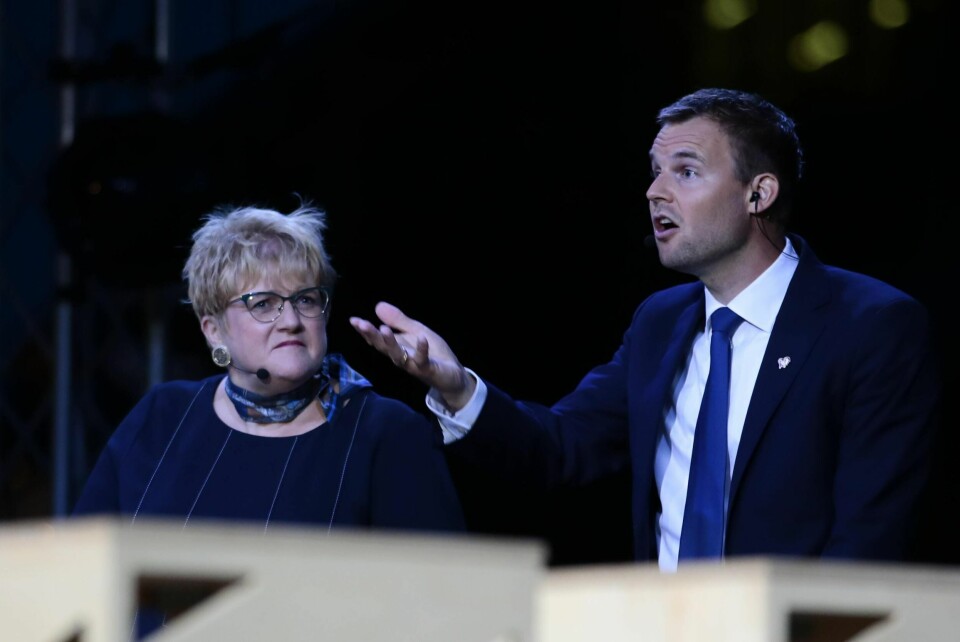 Arendal 20190812. Trine Skei Grande (V) og Kjell Ingolf Ropstad (KrF) under partilederdebatten fra Arendalsuka mandag kveld.Foto: Håkon Mosvold Larsen / NTB scanpix