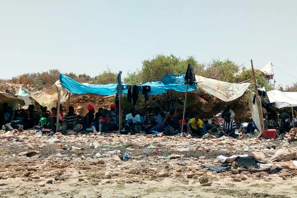 En gruppe migranter fra Elfenbenskysten søker skygge på en strand i Tunisia, nær grensa til Libya. Migrantene sier at de ble pågrepet andre steder i Tunisia og kjørt dit mot sin vilje. En gruppe migranter fra Elfenbenskysten søker skygge på en strand i Tunisia, nær grensa til Libya. Migrantene sier at de ble pågrepet andre steder i Tunisia og kjørt dit mot sin vilje. Foto: UGC / AP / NTB
