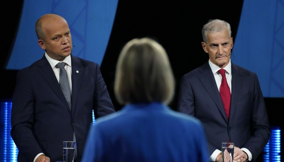 Trygve Slagsvold Vedum Sp t.v. og Jonas Gahr Støre Ap under NRKs direktesendte partilederdebatt i Arendal torsdag kveld. Foto: Ole Berg-Rusten / NTB Trygve Slagsvold Vedum Sp t.v. og Jonas Gahr Støre Ap under NRKs direktesendte partilederdebatt i Arendal torsdag kveld. Foto: Ole Berg-Rusten / NTB