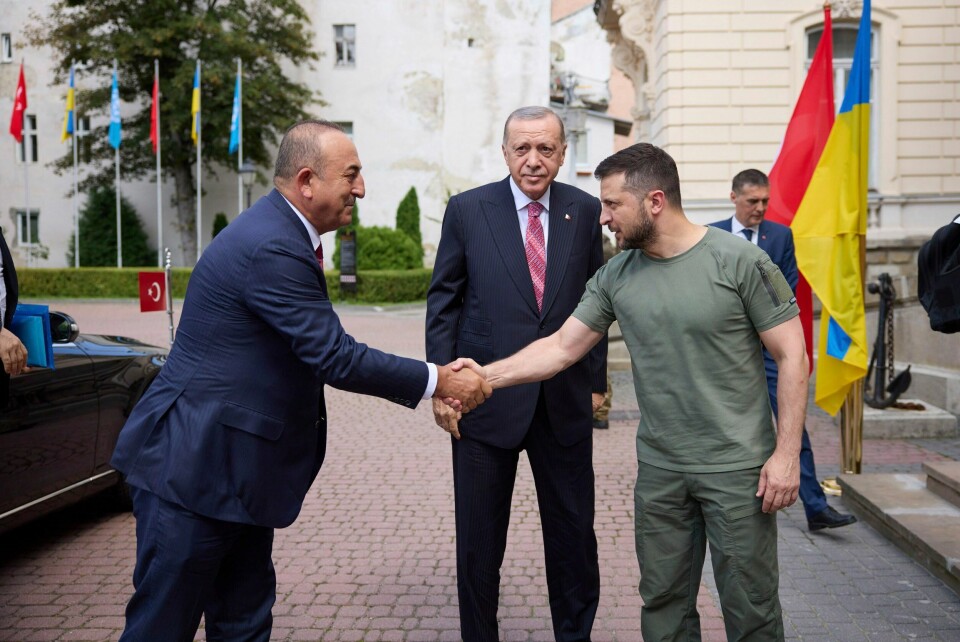 Ukrainas president Volodymyr Zelenskyj møtte FNs generalsekretær António Guterres og Tyrkias president Recep Tayyip Erdogan i Lviv torsdag. Ukrainas presidentkontor / AP / NTB Ukrainas president Volodymyr Zelenskyj møtte FNs generalsekretær António Guterres og Tyrkias president Recep Tayyip Erdogan i Lviv torsdag. Ukrainas presidentkontor / AP / NTB