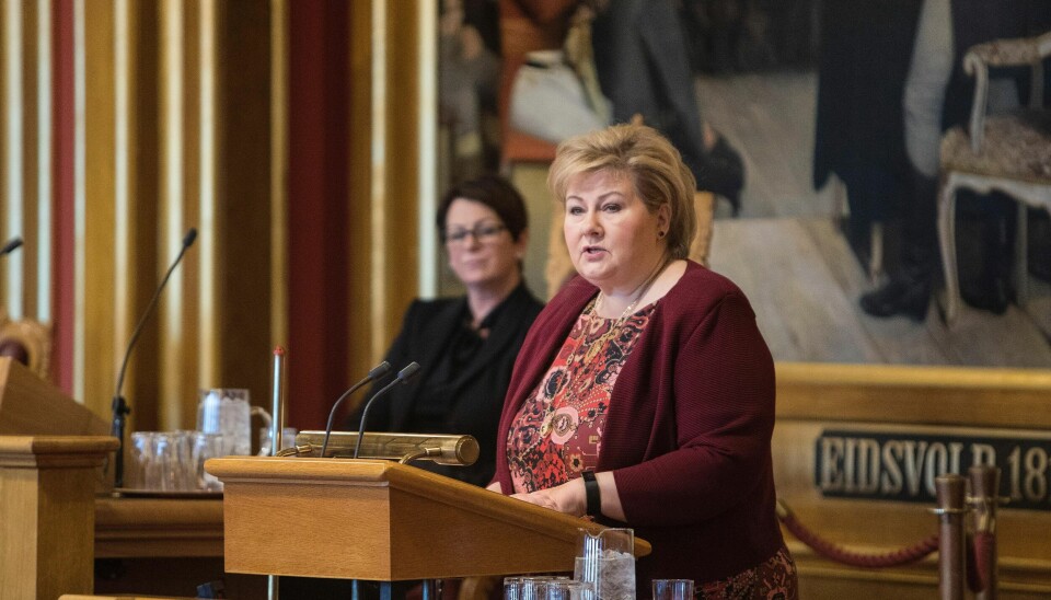 Erna Solberg i tiltredelseserklæringen i Stortinget tirsdag.