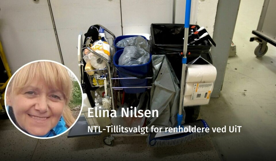 VIKTIG JOBB: – Uten renholderne ville mange arbeidsplasser måtte stenge, omtrent på dagen, skriver denne renholderen og tillitsvalgte. Hun håper på et godt lønnsoppgjør for yrkesgruppen. VIKTIG JOBB: – Uten renholderne ville mange arbeidsplasser måtte stenge, omtrent på dagen, skriver denne renholderen og tillitsvalgte. Hun håper på et godt lønnsoppgjør for yrkesgruppen.