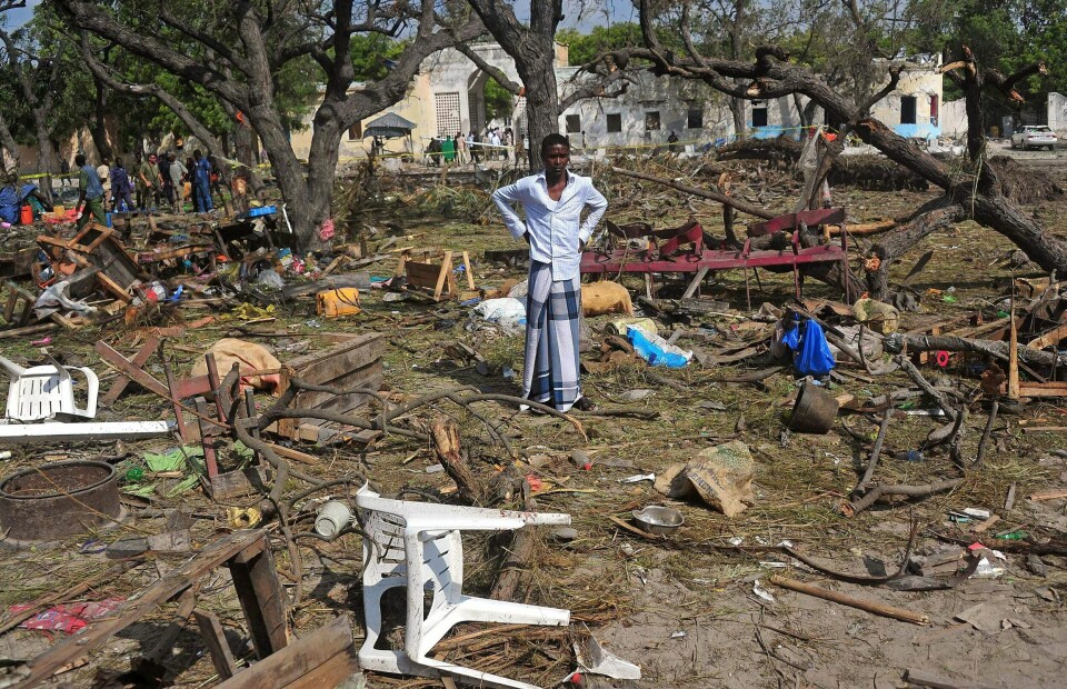 Slik så det ut etter et terrorangrep fra Al-Shabaab nær havnen i hovedstaden Mogadishu i desember i fjor. I en undersøkelse blant tidligere medlemmer av islamistiske terrorgrupper i Afrika utpeker en av to religion som hovedmotivasjon.