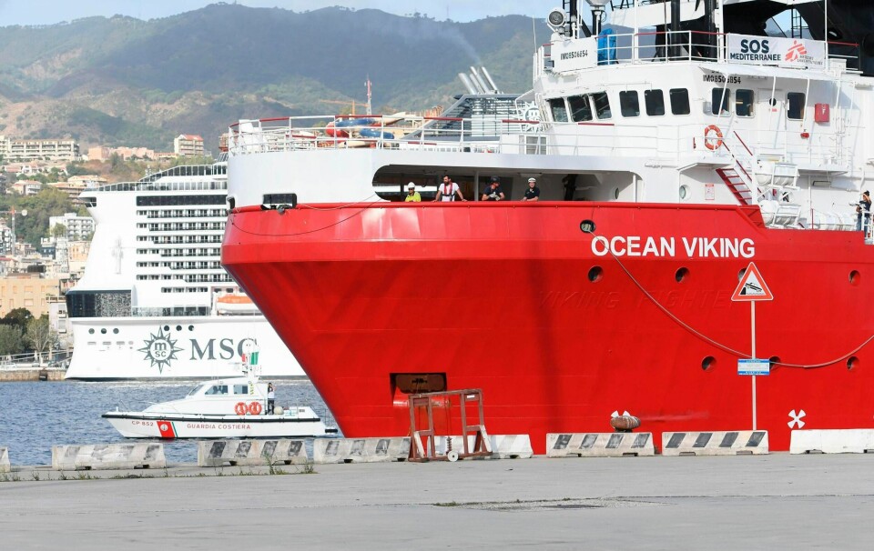 The Ocean Viking is docked at the Sicilian port of Messina, southern Italy, Tuesday, Sept. 24, 2019. The humanitarian ship has docked in Sicily, Italy, to disembark 182 men, women and children rescued in the Mediterranean Sea after fleeing Libya. (Carmelo Imbesi/ANSA via AP)
