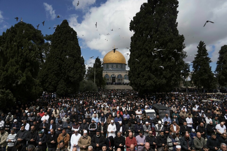 Titusenvis av palestinere deltok i fredagsbønnen ved al-Aqsa-moskeen i Jerusalems okkuperte gamleby. I bakgrunnen Klippemoskeen. Foto: AP / NTB Titusenvis av palestinere deltok i fredagsbønnen ved al-Aqsa-moskeen i Jerusalems okkuperte gamleby. I bakgrunnen Klippemoskeen. Foto: AP / NTB