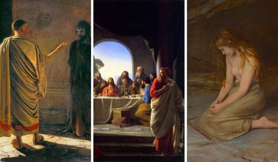 MYTEOMSPUNNE: Pontius Pilatus, Judas Iskariot og Maria Magdalena er alle biroller i forteljinga om Jesu siste dagar. Men til tross for at dei ikkje står i sentrum for hendingane i påskens drama, har dei blitt ein rik del av folkloren. Sjå navn på bileta og kunstnarane nedover i saka. Påsketekst av Andreas Skartveit