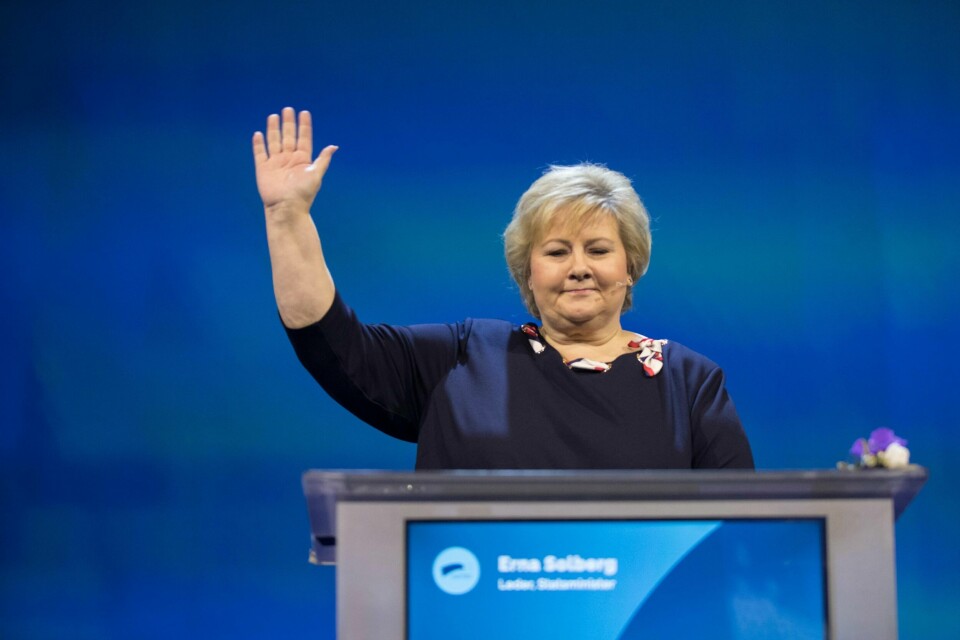 Gardermoen 20190315.Statsminister Erna Solberg på talerstolen under Høyres landsmøte på Gardermoen fredag ettermiddag.Foto: Vidar Ruud / NTB scanpix