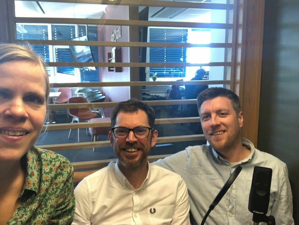 Åste Dokka, Bjørn Kristoffer Bore og Håvard Nyhus etter innspillingen av Vårt Lands podkast «Nyhus & Dokka».