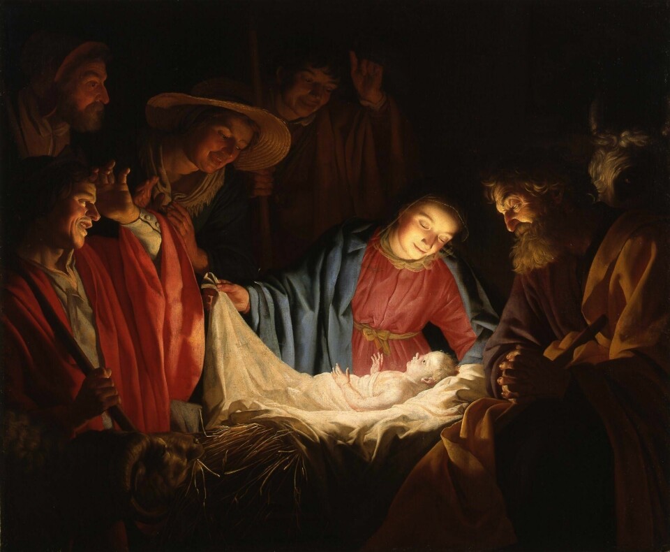 STRÅLER SOM SOLEN: Har julefeiringen sammenheng med den romerske solkulten? Mye kan tyde på det. Bildet viser maleriet av Gerard van Honthorst (1622) der gjeterne har samlet seg rundt det nyfødte barnet for å beundre det. Gerard van Honthorst - Adoration of the Shepherds