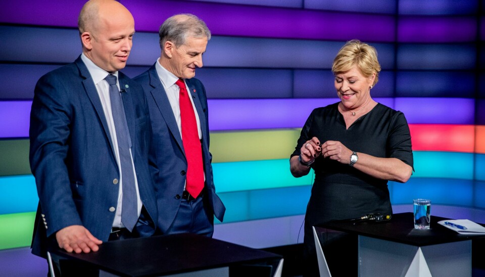Trygve Slagsvold Vedum (Sp), Jonas Gahr Støre (Ap) og Siv Jensen (Frp) representerer tre partier som sammen kan utgjøre et Stortingsflertall. Foto: Stian Lysberg Solum / NTB