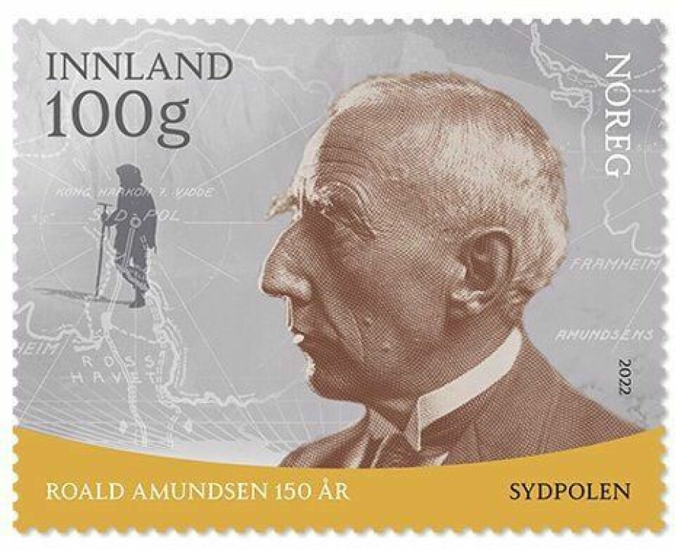 150 ÅR: Posten har lansert frimerker for å markere at det i år er 150 år siden polfarer Roald Amundsen ble født. Posten har lansert frimerker for å markere at det i år er 150 år siden polfarer Roald Amundsen ble født.Foto: Posten / NTB