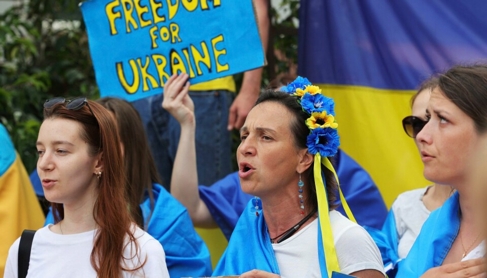EU: Frihet for Ukraina, står det på en plakat en demonstrant holder opp utenfor EU-toppmøtet i Brussel. Frihet for Ukraina, står det på en plakat en demonstrant holder opp utenfor EU-toppmøtet i Brussel. Foto: Olivier Matthys / AP / NTB