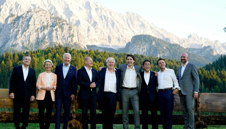 G7: Statsleiarane frå G7-landa er samla til toppmøte i Tyskland. Frå venstre Italias statsminister Mario Draghi, EU-kommisjonens leiar Ursula von der Leyen, USAs president Joe Biden, Tysklands statsminister Olaf Scholz, Storbritannias statsminister Boris Johnson, Canadas statsminister Justin Trudeau, Japans statsminister Fumio Kishida, Frankrikes president Emmanuel Macron og EU-president Charles Michel. Statslederne fra G7-landene er samlet til toppmøte i Tyskland. Fra venstre Italias statsminister Mario Draghi, EU-kommisjonens leder Ursula von der Leyen, USAs president Joe Biden, Tysklands statsminister Olaf Scholz, Storbritannias statsminister Boris Johnson, Canadas statsminister Justin Trudeau, Japans statsminister Fumio Kishida, Frankrikes president Emmanuel Macron og EU-president Charles Michel. Foto: Susan Walsh / AP / NTB