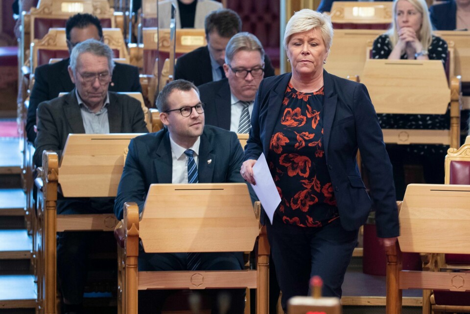 Siv Jensen (FrP) og Kjell Ingolf Ropstad (KrF) under Trontaledebatten i stortinget. Foto: Terje Pedersen / NTB