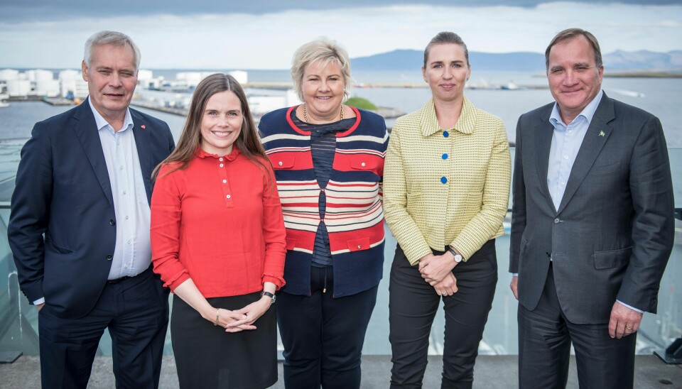 Finlands statsminister Antti Rinne, Islands statsminister Katrín Jakobsdóttir, Norges statsminister Erna Solberg, Danmarks statsminister Mette Frederiksen og Sveriges statsminister Stefan Löfven under det årlige, nordiske sommermøtet i Reykjavik i 2019.