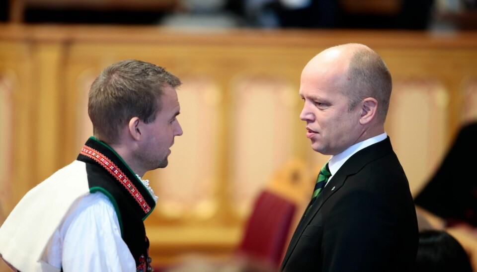 Kjell Ingolf Ropstad og Trygve Slagsvold Vedum i samtale under den høytidelige åpningen av Stortinget 2018. Foto: Lise Åserud / NTB