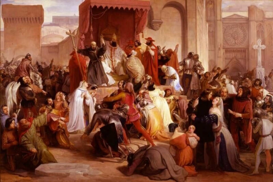 I dag er det 925 år siden pave Urban II holdt sin berømte tale i Clermont, som utløste korstogsbevegelsen. Terror begått i religionens navn må ikke bortforklares, det være seg i kristendommen eller islam, mener Trond Enger. Bildet viser folkeansamlingen i Clermont som lytter til paven og til munken Peter, slik kunstneren Francesco Hayez (1791–1882) så det hele for seg.