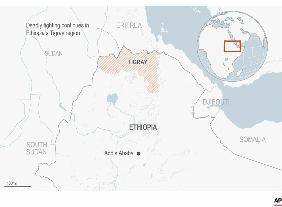 Tigray er området helt nord i Etiopia, hvor det nå utspiller seg kamper mellom myndighetene og lokale opprørere. Kart: Fduckett/AP