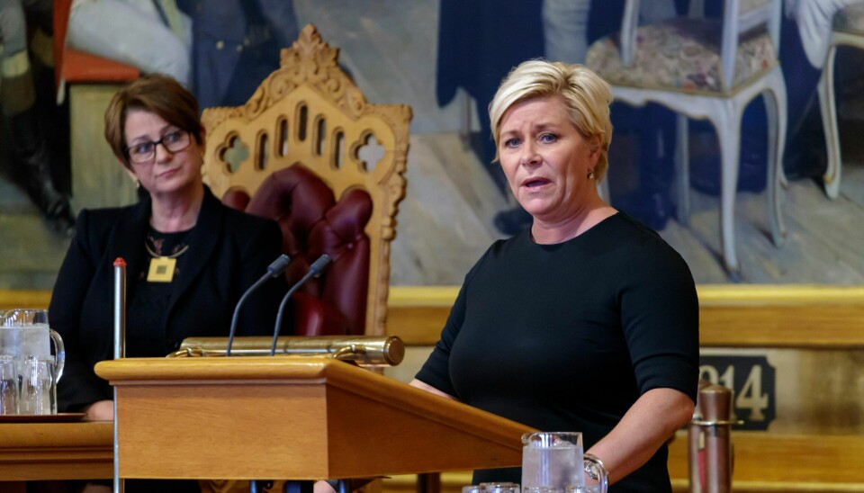 Finansminister Siv Jensen legger fram neste års statsbudsjett i Stortinget.
