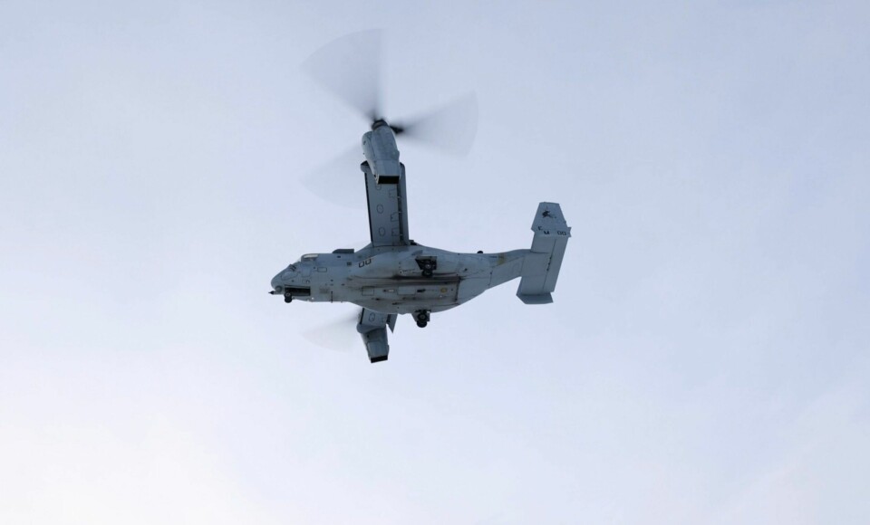 ULYKKE: Fire amerikanske soldater omkom da et V-22 Osprey styrtet i Nordland fredag. Foto: Tiril Haslestad / Forsvaret / NTB Et bilde frigjort av Forsvaret viser flyet av typen Osprey, tatt i Norge 19. februar i år. Foto: Tiril Haslestad / Forsvaret / NTB