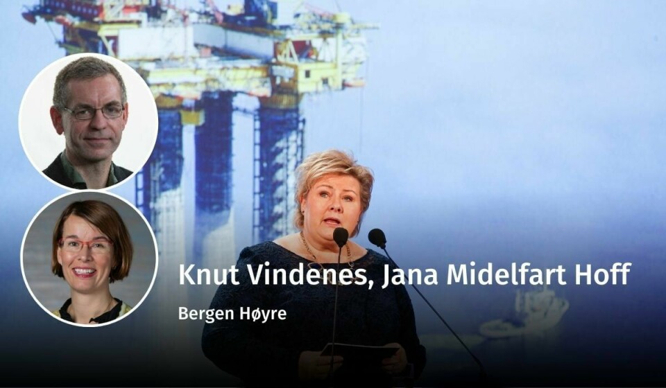 BER ERNA STANSE: «Vi synes at vårt eget partis oljepolitikk kunne vært mer offensiv», skriver to Høyrepolitikere fra Bergen, og oppfordrer partiet til å gå inn for stans i oljeleting. Her er Høyre-leder Erna Solberg under en regjeringsmiddag, i forbindelse med 50 års-markeringen til oljevirksomheten i Norge. Høyre, klima, debatt