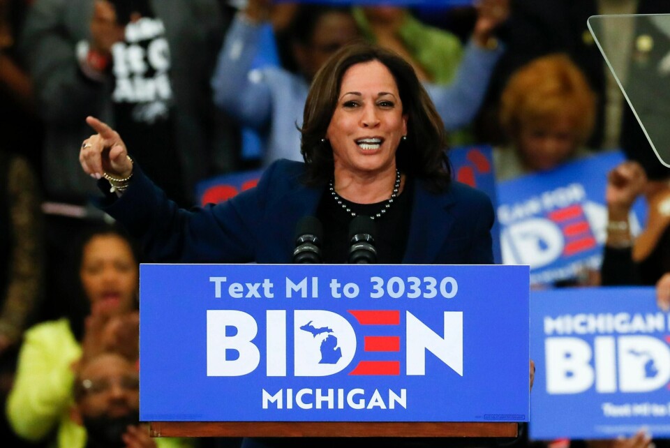 Kamala Harris under en valgtale i støtte for den demokratiske presidentkandidaten Joe Biden. AP Photo: Paul Sancya.