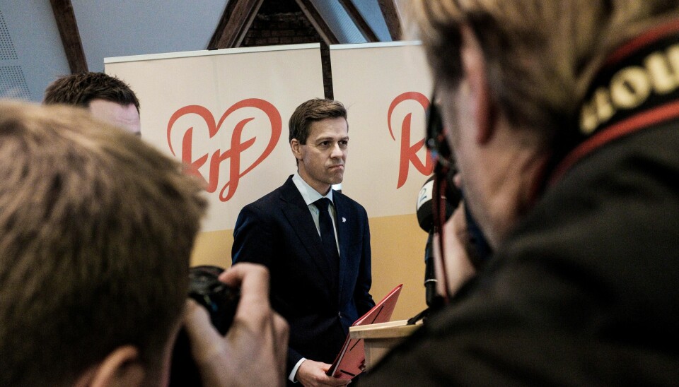 KrF-leder Knut Arild Hareide møter pressen etter landsstyremøtet fredag.